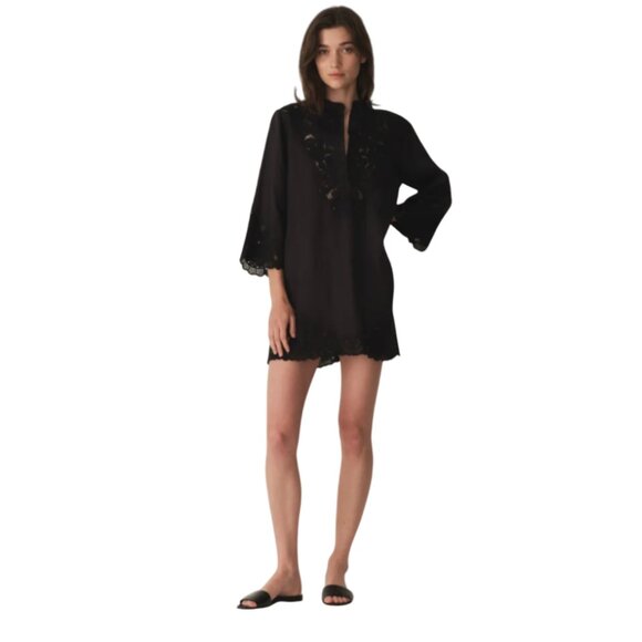 DOEN Rochelle Mini Dress Womens XXL Black Linen 3/4 Sleeve Embroidered Lace Boho